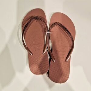 NEW Havaianas Rose Gold Slim Sparkle II Women's flip flop US 11/12 EU 43/44